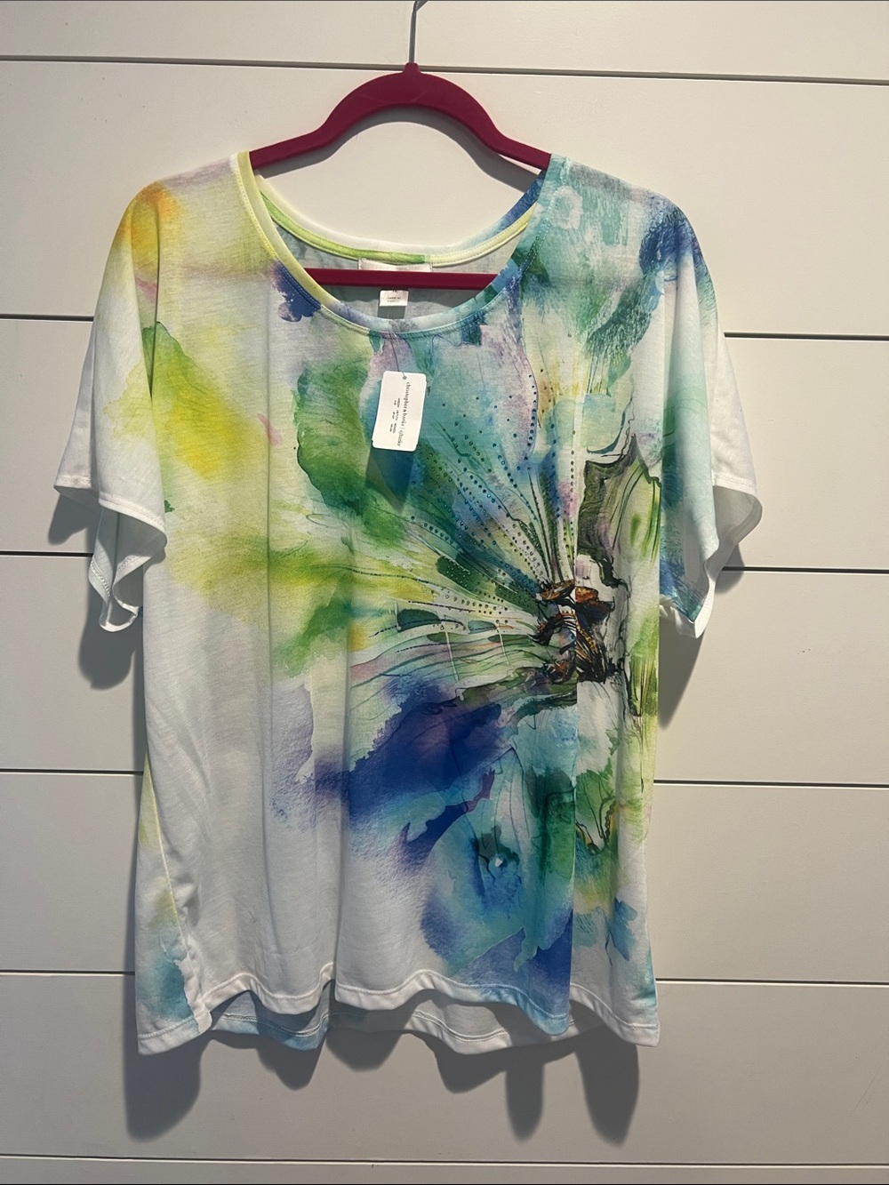 CJ Banks White Scoop Neck Top with Blue & Green Watercolor Floral